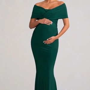 AMAL BOTTLE GREEN BARDOT WRAP NECKLINE MATERNITY MAXI DRESS